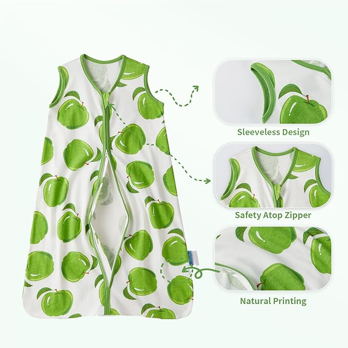 TILLYOU 2 Pack Infant Sleep Sack 0-6 Months 100% Cotton Wearable Blanket 0.5 TOG Sleeveless Summer Sleep Sacks with 2-Way Zipper, Green Apple & Fruit Green