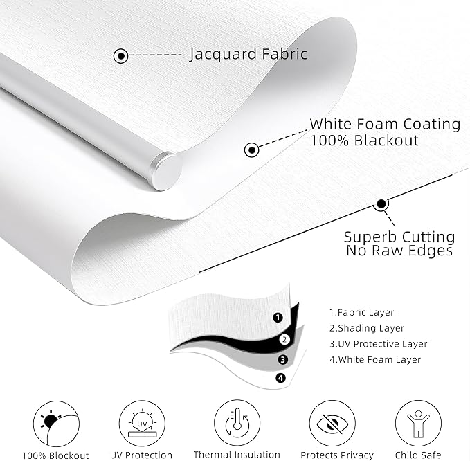 ChrisDowa Cordless 100% Blackout Roller Shade, with Striped Jacquard, Thermal Insulated, UV Protection Fabric, Total Blackout Blinds for Window, French Doors, Home and Office. White, 49" W x 72" H