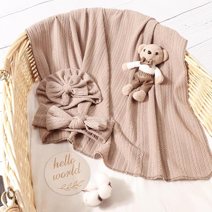 DRESHOW BQUBO Baby Swaddle Blankets for Girls, 4PCS Newborn Accessories Set with Matching Hat and Bow Headband with Hello World Wooden Birth Announcement Card