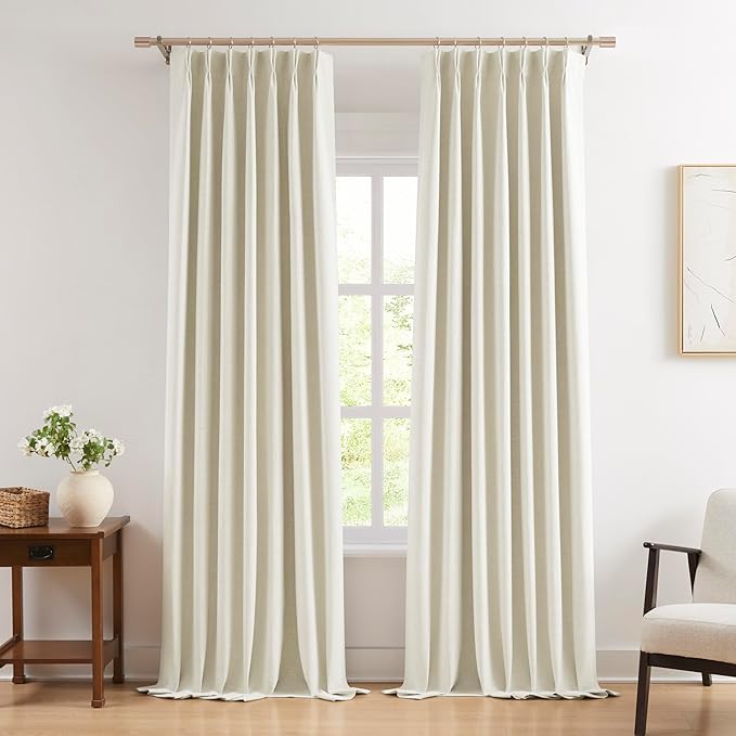 WEST LAKE 95 Inch Pinch Pleated 90% Blackout Curtain Panels,Beige Triple Weave Textured Heavy Chenille Room Darkening Drapes,Back Tabs Vintage Window Treatment for Bedroom,40" Wx95 L,Pack of 2,Beige