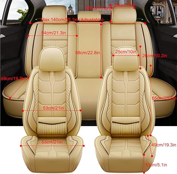 Amooca Car Seat Covers Full Set Automotive Seat Protection Fit for Most Cars SUVs Front & Back Seats Waterproof Nappa Leather Car Seat Cushion Protector Beige