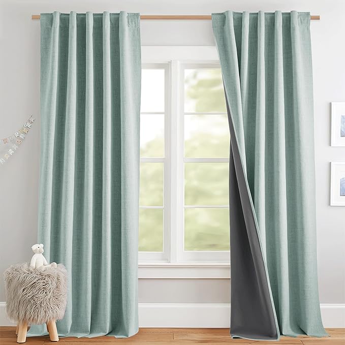 NICETOWN Seafoam Green 100% Blackout Back Tab Curtains 84" Long 2 Panels, Boho-Chic Thick Linen Blend Drapes, Thermal Insulated Window Draperies with White Backing for Living Room (42" Wide)