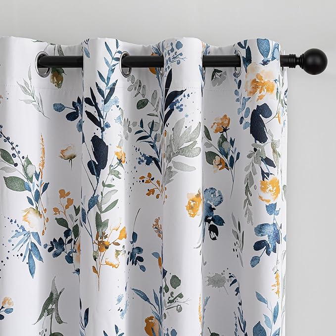MYSKY HOME 95% Blackout Floral Curtains 95 inch Long 2 Panels for Bedroom Living Room Flower Patterned Room Darkening Thermal Insulated Soundproof Grommet Window Treatments, 52" Wide, Yellow and Blue