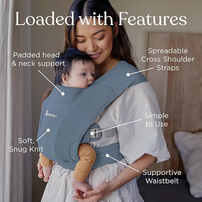 Ergobaby Embrace Baby Carrier Newborn to Toddler - Lightweight Ergonomic Baby Carriers - Cozy Essentials (7-25 Pounds), Ponte Knit, Oxford Blue