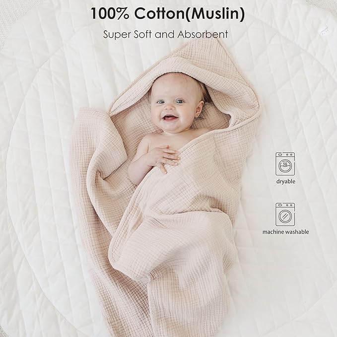 Hooded Baby Bath Towels, 100% Muslin Cotton Baby Girl Towels with Hood for Neutral Newborn Infants, Soft & Absorbent, Large Size - 32 * 32 Inches (Ivory & Pink)