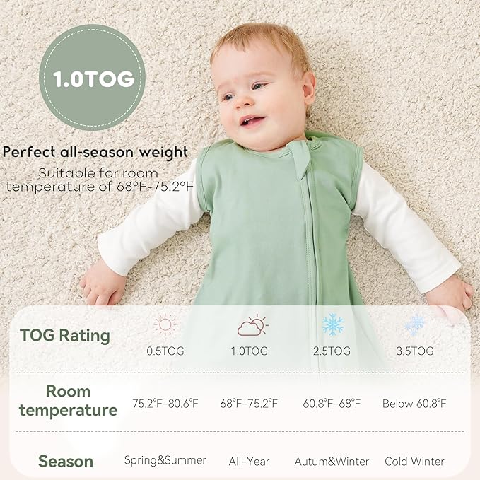 Yoofoss Baby Sleep Sack 0-6 Months TOG 1.0 Baby Wearable Blanket, 2 Pack 100% Organic Cotton Infant Toddler Sleeping Sack 2-Way Zipper Lightweight Sleep Sack