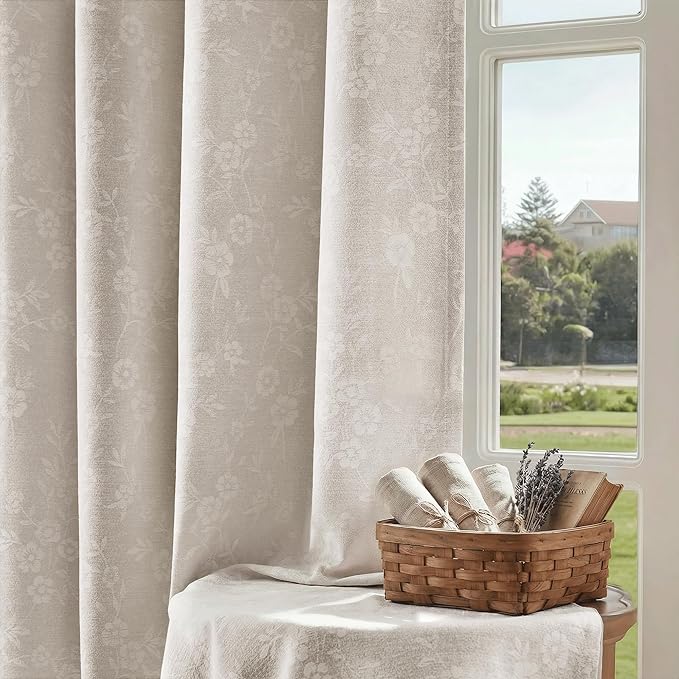 Beauoop Cream Floral Jacquard Blackout Curtains 84 Inches Long 2 Panels for Living Room Bedroom Chenille Flower Room Darkening Thermal Insulated Soundproof Grommet Window Drapes, 52x84 Set of 2