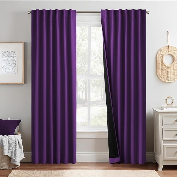 NICETOWN Royal Purple 100% Blackout Curtains for Bedroom, 52x84 Inches Set of 2 for Living Room, Privacy Protection & Noise Reducing Drapes Black Lined Insulated Window Treatment Panels