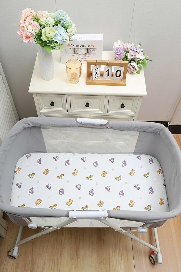 Onacosht Muslin Bassinet Sheets 3 Pack, 100% Cotton Baby Fitted Sheet 33" x 19" Compatible with Mika Micky, KoolaBaby (3 in 1), BabyBond, HARPPA and RICUTON Bedside Bassinet, Dinosaur Car and Blue