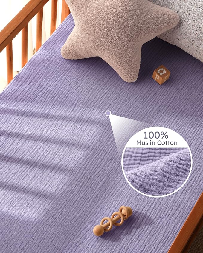 Muslin Pack and Play Sheets Fitted, 100% Cotton Mini Crib Sheets 2 Pack for Pack N Play Mattress, Stretchy Playard Sheet, Soft and Breathable Pink & Purple