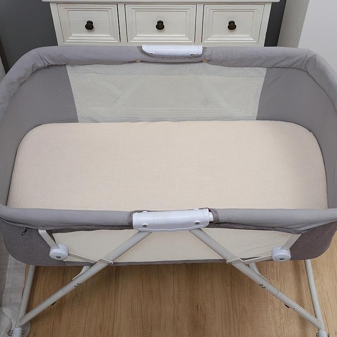 Onacosht Muslin Bassinet Sheets 3 Pack, 100% Cotton Baby Fitted Sheet 33" x 19" Compatible with Mika Micky, KoolaBaby (3 in 1), BabyBond, HARPPA and RICUTON Bedside Bassinet, Beige Green and Sky Blue