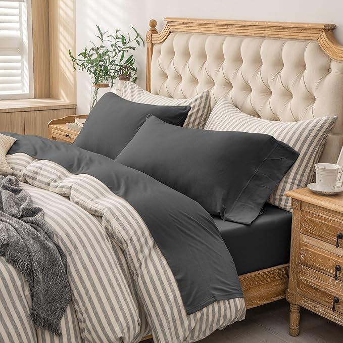 PURE ERA Jersey Knit 4pc Bed Sheet Set 100% T-Shirt Cotton Super Soft Comfy Breathable Fits Mattress Up to 20" Extra Deep Pocket (Solid Deep Grey, Queen)