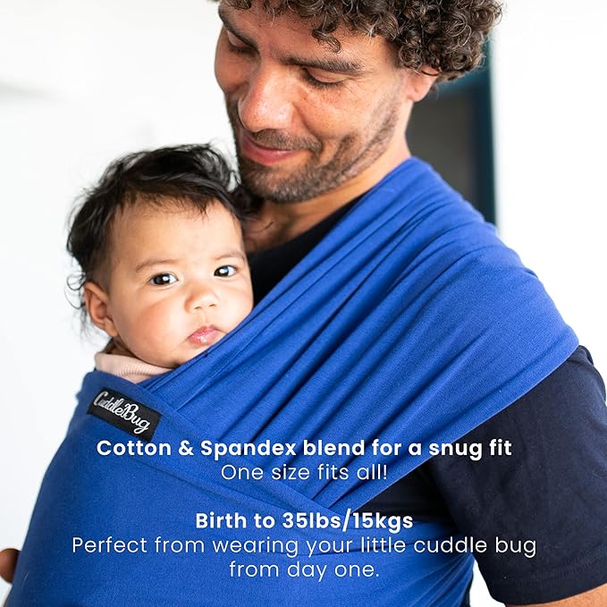 Cuddlebug Hands-Free Baby Carrier - Soft & Stretchy Wrap for Newborn to Toddler 7-35 lbs - One-Size-Fits-All Hip-Healthy Holder (Blue)