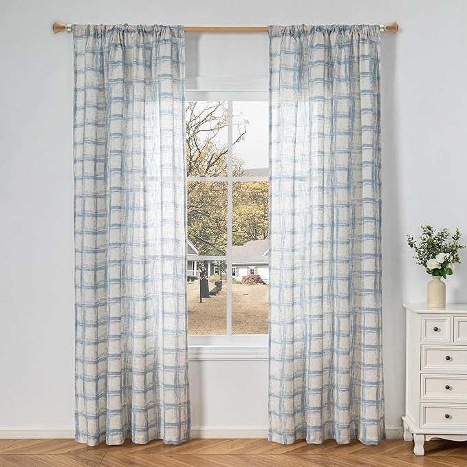 MYSKY HOME Linen Curtains 84 Inches Long, Window Treatment Sets for Living Room Bedroom Linen Blend Drapes, Soft Touch Plaid Room Divider Curtains for Doorways Sliding Glass Door, Blue, 2 PCs