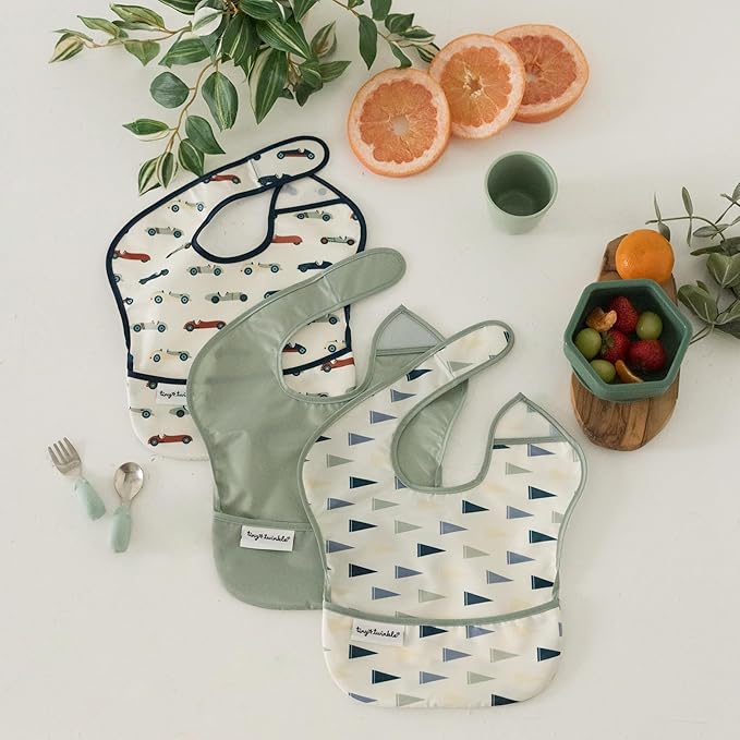 Tiny Twinkle Mess-Proof Baby Bibs for Eating | Waterproof, Wipeable Toddler Bibs with Catch-All Pocket | Feeding Bibs for Girls & Boys(3 Pack,Vintage Cars,Varsity Flags)