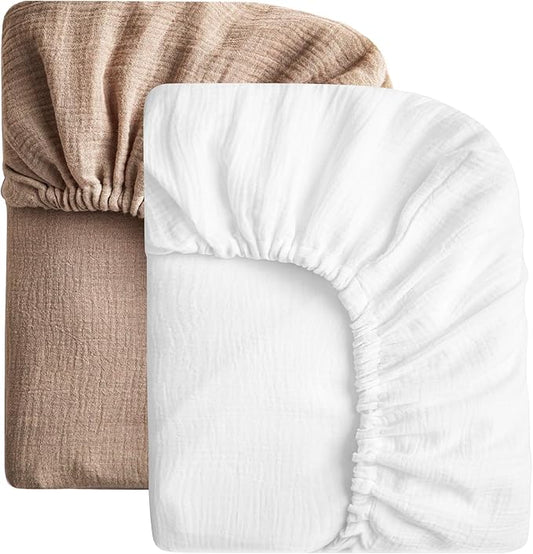 SOULFUL Muslin Crib Sheets for Boys Girls, 3 Pack Soft and Breathable Cotton Fitted Crib Sheets for Standard Crib Mattress (28"x 52", White & Brown)