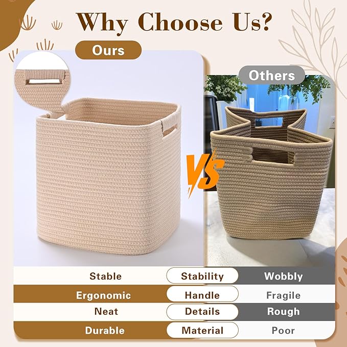 11 Inch Storage Cubes, 3 Pack Cube Storage Bins for Organizing, Cotton Rope Woven Baskets for Shelves, Bathroom, Kids Room, Closets, Baby Nursery