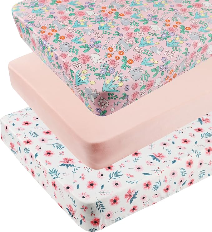 Pack n Play Sheet Stretchy Fitted Portable Mini Crib Sheets Set 3 Pack,Playard Sheets Convertible Playard Mattress Cover,Ultra Soft Jersey Material,Floral,Grey Rabbit & Pink