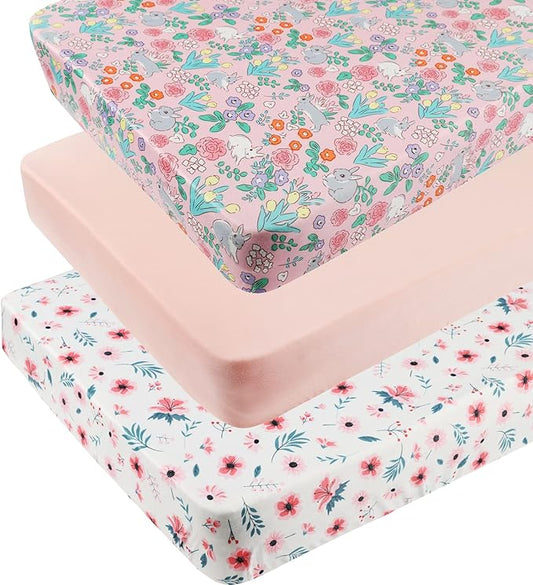 Pack n Play Sheet Stretchy Fitted Portable Mini Crib Sheets Set 3 Pack,Playard Sheets Convertible Playard Mattress Cover,Ultra Soft Jersey Material,Floral,Grey Rabbit & Pink