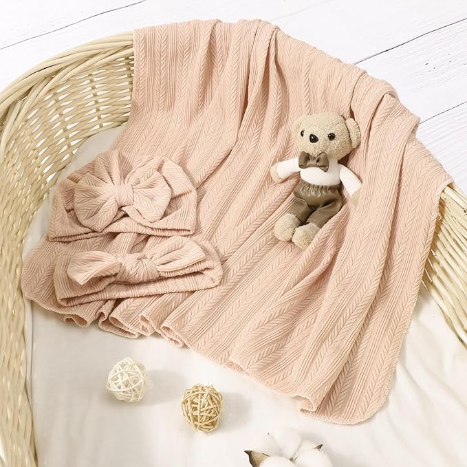 DRESHOW BQUBO Baby Swaddle Blankets for Girls, 4PCS Newborn Accessories Set with Hat and Bow Headband with Hello World Wooden Birth Announcement Card, Baby Blankets for Girls
