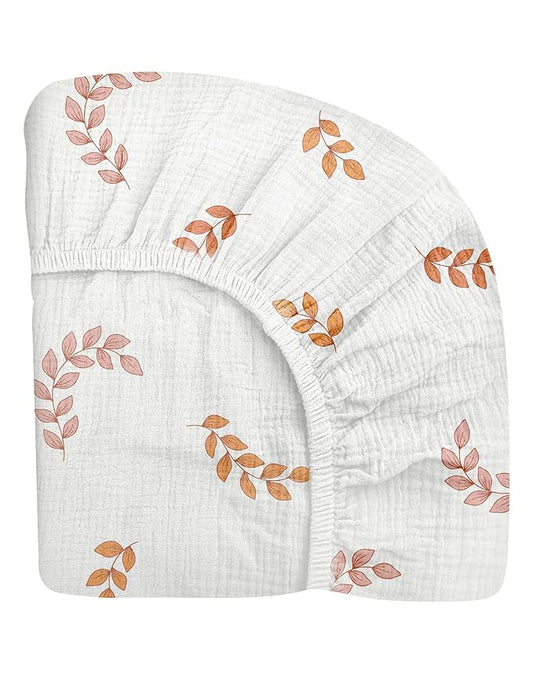 Pack and Play Sheets for Baby Boys and Girls 39"x27"x3", Neutral Muslin Cotton Pack N Play Mattresses Sheet with Boho Style, Soft and Breathable Comfort (Leaf)
