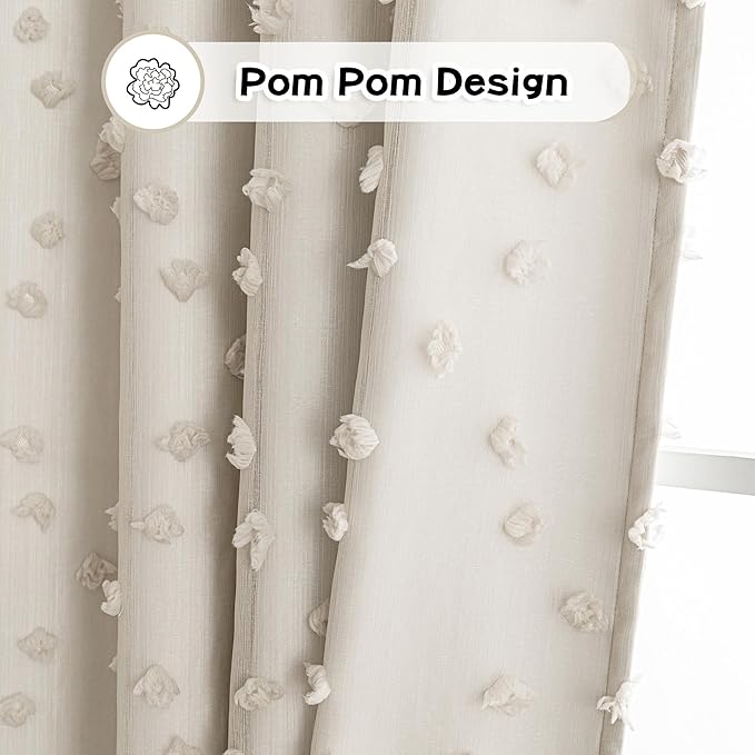 MYSKY HOME Beige Pom Pom Blackout Curtains for Girls Bedroom 63 Inch Long 100% Room Darkening Curtain for Kids Room 2 Panels Small Window Treatment Grommet 2 Layered Drapes Toddler 52W x 63L