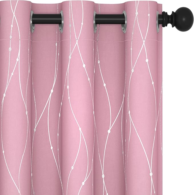 Deconovo Pink Blackout Curtains for Bedroom, Thermal Insulated Soundproof Pravicy Curtain, Silver Wave Dots Print, 42 x 95 Inch Long, Machine Washable Window Panels for Kids Room Nursery, Set of 2