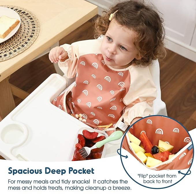 GRSSDER 2 Pack Long Sleeve Baby Feeding Bibs, Super Soft Lightweight Waterproof Coverall Baby Led Weaning Bib with Large Food Catcher Pocket, Adjustable and Easy Clean for 6-30 Months