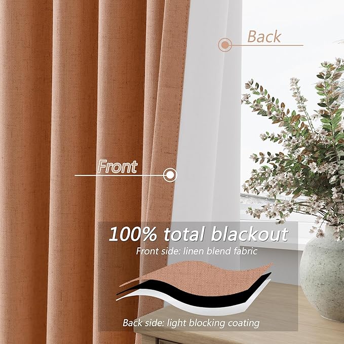 Guken 100% Blackout Curtains 96 Inch Length 2 Panels Set for Living Room Bedroom Back Tab Thermal Insulated Black Out Linen Drapes Room Darkening Rose,52x96