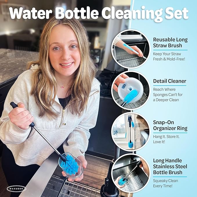 WAKUBON Bottle Drying Rack for Kitchen Countertop - Two-Tier for Water Bottles and Tumblers, Space-Saving Storage Stand with Drainage Tray, Includes Water Bottle Drying Rack Brush Cleaning Set (White)