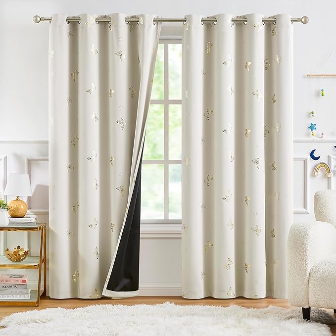 Jubilantex Ivory Gold Butterfly Blackout Curtains 84 Inches Long with Black Layer Thermal Insulated Window Curtains Grommet Top for Bedroom Girls Room