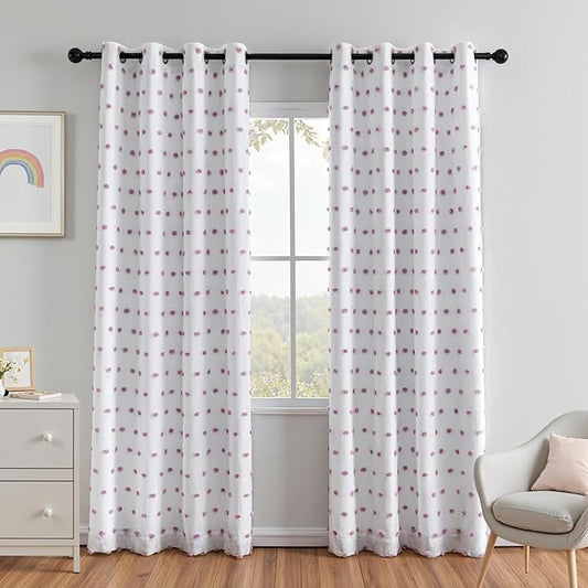 MEETSKY 100% Blackout Curtains for Girls Bedroom 84 Inch Length 2 Panels,Total Light Blocking White and Purple Curtains for Kids Room,Grommet Room Darkening Window Drapes with Pom Pom Sheer 52W x 84L