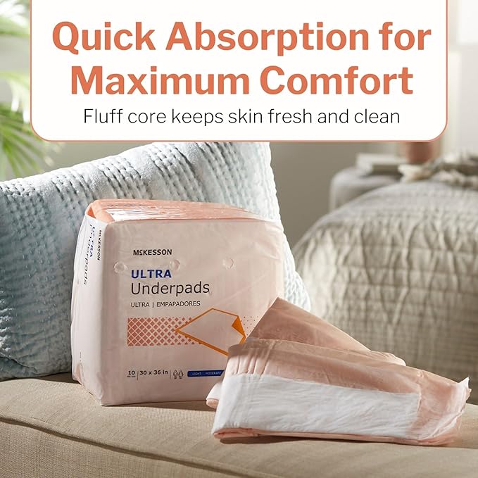 McKesson Underpads Disposable Bed Pads 30" x 36" [10 Count], Heavy Absorbency, Ultra Incontinence Chux Pads for Adults, Elderly, and Baby, Pee Pads