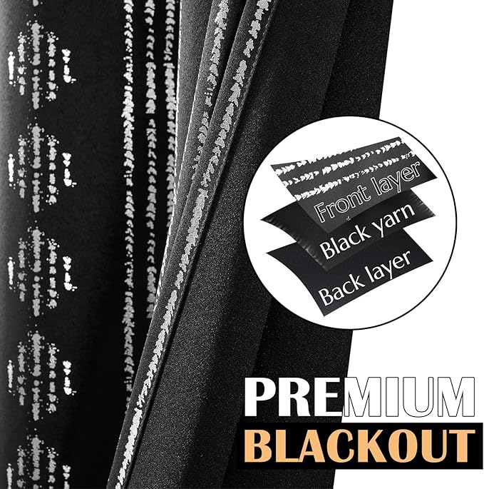 jinchan 95% Blackout Boho Curtains 84 Inches Long for Bedroom Living Room Silver Geometric Foil Printed Black Curtain Grommet Top Room Darkening Drapes Off White 52 x 84 2 Panels