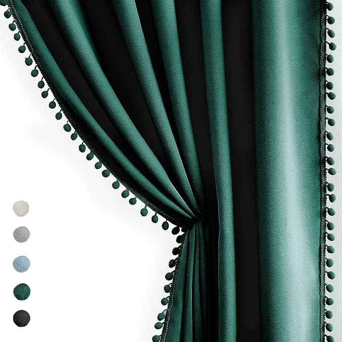 Treatmentex Green Blackout Curtains for Bedroom 90 inch Pom Pom Windows Drapes Cute Decorative Triple Weave Thermal Insulated Curtain Drapes for Nursery Room Studio Hotel 52" w x2 Panels Rod Pocket
