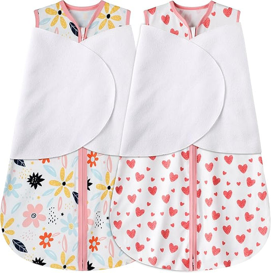 BSTOPPT Newborn Sleep Sack Baby Swaddle,6-12 Months,3-Way Adjustable Wearable Blanket,100% Rayon Cotton Swaddling Sleeping Bag，TOG 0.5（Heart&Floral）