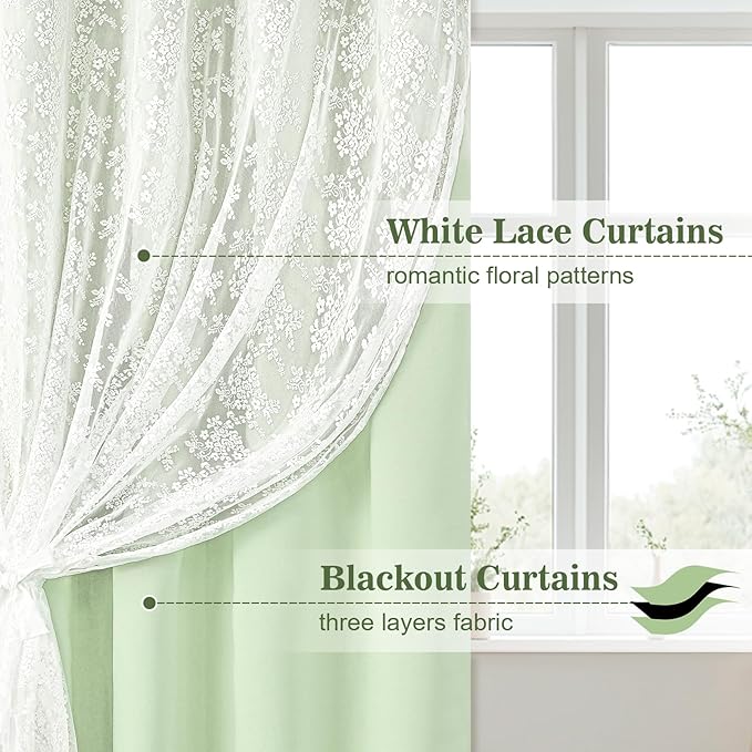 Yinhua Green Curtains for Living Room Blackout Curtains for Bedroom 84 Inches Long Double Layer Curtain with Tiebacks, Thermal Insulation Grommet Drapes for Nursery Dining Room, 52" W x 84" L