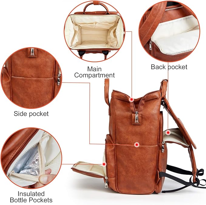Leather Diaper Bag Backpack with Changing Mat Travel Backpack Waterproof&Insulated Large Nappy Bag Stroller Straps, Brown B, 13.8x8x18 Inch (Pack of 1), Travel Backpacks