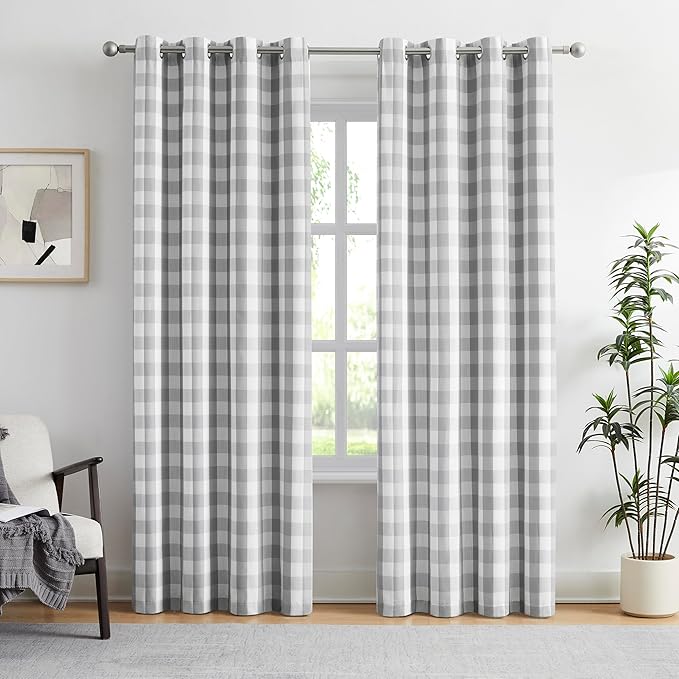 Amzdecor Gray White Buffalo Plaid Full Blackout Curtains 90 Inch Long for Bedroom Living Room Farmhouse Check Patterned Drapes Thermal Insulated Soundproof Grommet Window Treatment, 2 Panels, 52"x90"
