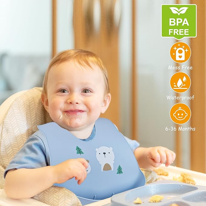 BEBE FAVOUR 2 Pack Silicone Baby Bibs Adjustable Fit Waterproof Bib With Leak Proof Food Pouch Catcher for Eating Boys Girls
