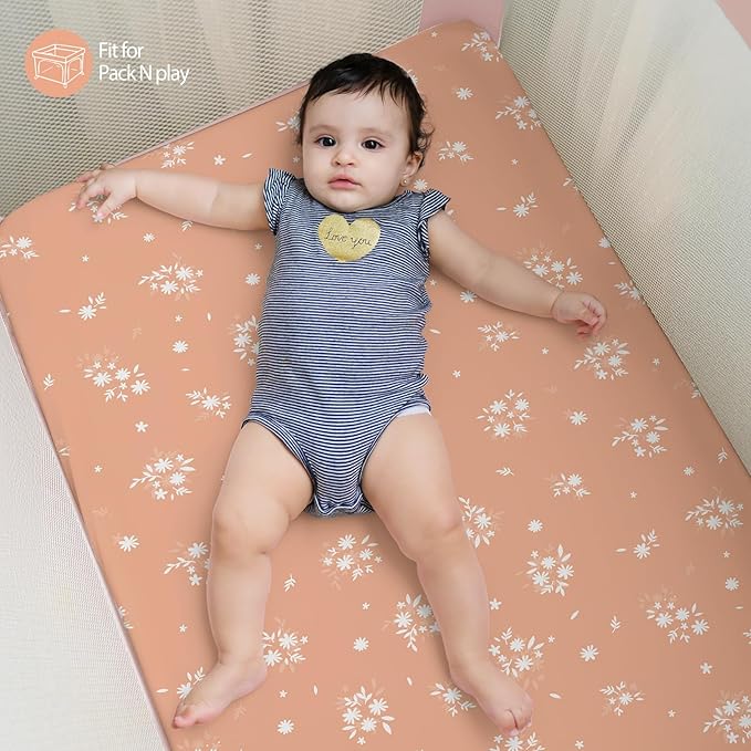 Baby Mini Crib Sheets Girl, Portable 38”x26” Pack and Play Sheets Fitted for Playard and Pack N Play Mattress, 3-Pack Soft Microfiber Orange Watercolor Flower