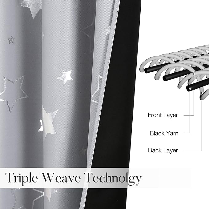 WUBODTI Grey 100% Blackout Star Curtains for Kids Room 45 Inches Long 2 Panel Sets, Silver Star and Moon Patterned Nusery Curtains Grommet Thermal Insulated Short Drapes for Boys Bedroom Kitchen