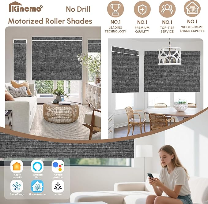 Kincmo No Drill Motorized Blinds with Remote, 100% Blackout Roller Shades for Windows, Custom Electric Blinds Compatible with Alexa, Apple Homekit, Google Home (100% Blackout Classic Dark Grey)