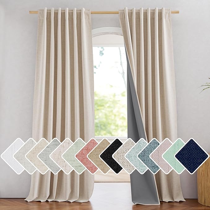 NICETOWN Rod Pocket Full Blackout Linen Curtains 102" Length with Thermal Insulated Liners for Living Room, Farmhouse Style Keep Cool & Warm Large Window Drapes for Hall (Cream, 2 Panels, 52" Wide)