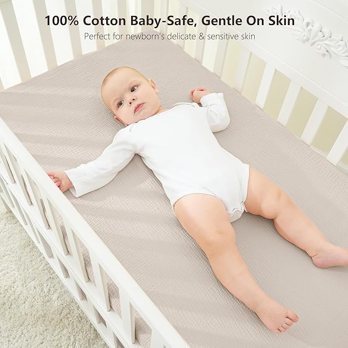 Bearmoss Muslin Mini Crib Sheets for Pack N Play Mattress - 100% Cotton - 38"x26" Soft Breathable Playard Baby Crib Sheets Neutral for Boys Girls - 2 Pack (White Star)