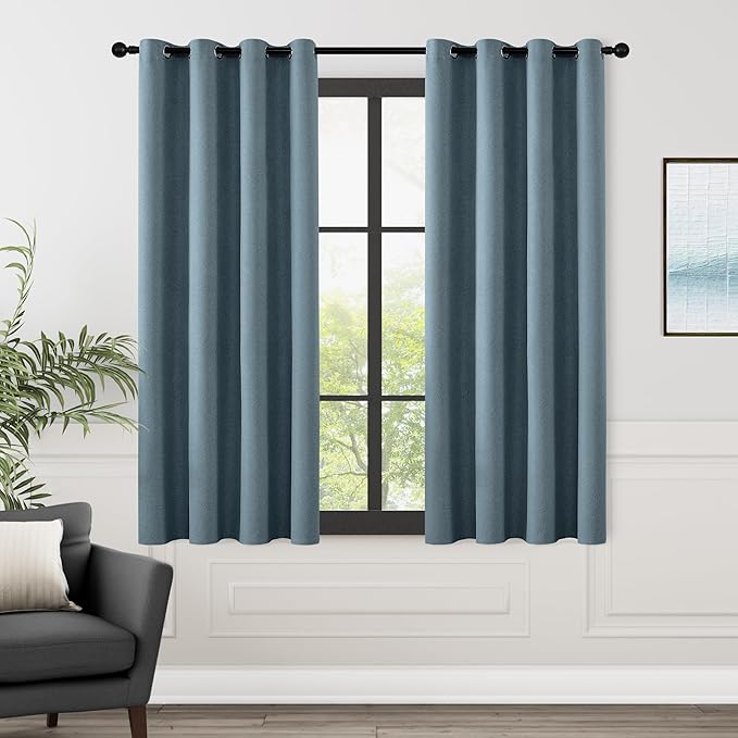 ChrisDowa 100% Blackout Blue Solid Curtains 63 Inches Long 2 Panels for Bedroom Living Room,Farmhouse Room Darkening Thermal Insulated Soundproof Grommet Top Window Treatment Drapes,52x63