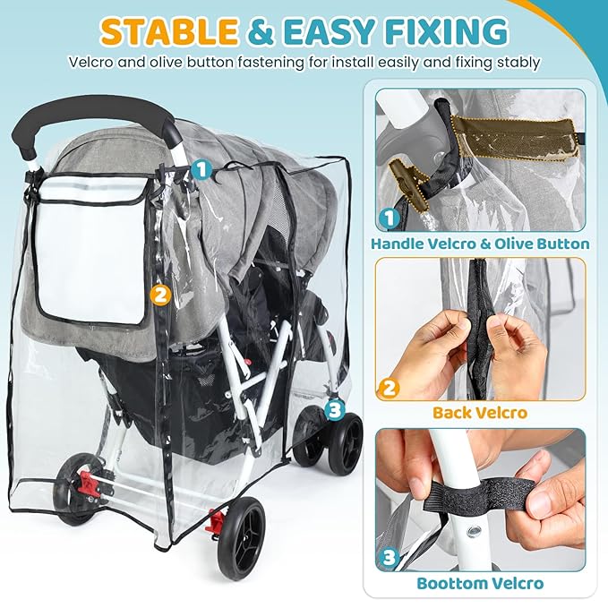 IvyWind Stroller Rain Cover for Double Tandem Stroller, Universal Size Weather Shield for Stroller, Breathable Double Stroller Cover for All-Weather Protection from Rain Snow Dust
