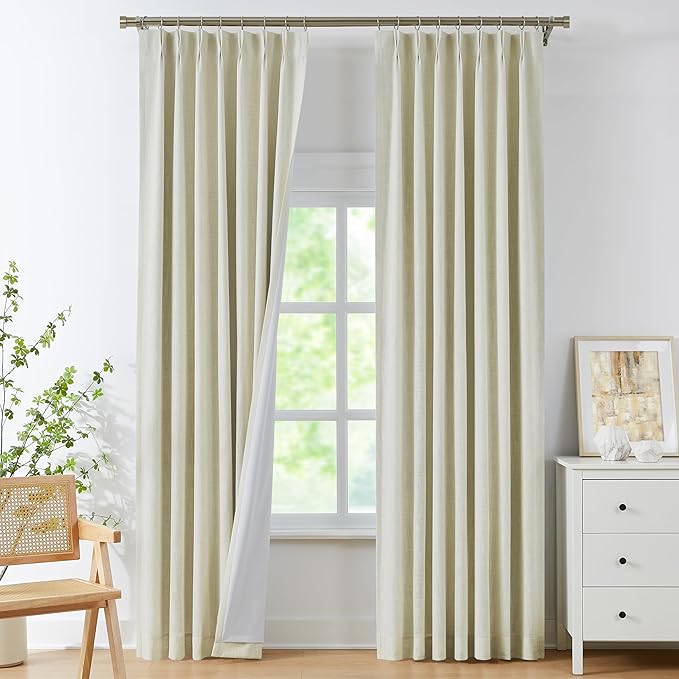 WEST LAKE 102 Inch Ivory Pearl Bailey Pinch Pleat Full Blackout Curtain with 100 Room Darkenig Liner,Textured Farmhouse Drape for Bedroom,Thermal Insulated Window Treatment with Back Tabs,40"Wx102"Lx2