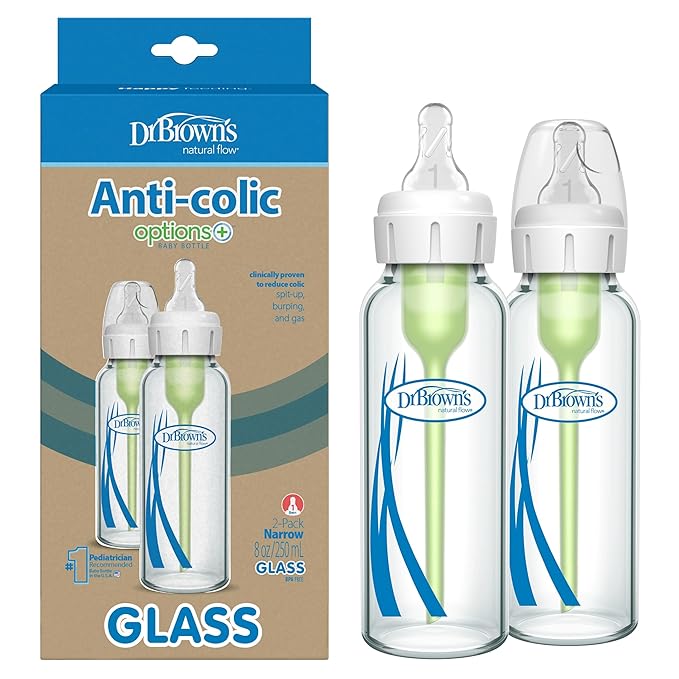 Dr. Brown's Anti-Colic Options+ Narrow Glass Baby Bottle with Level 1 Slow Flow Nipple, BPA-Free, 8 oz/250 mL, 2-Pack