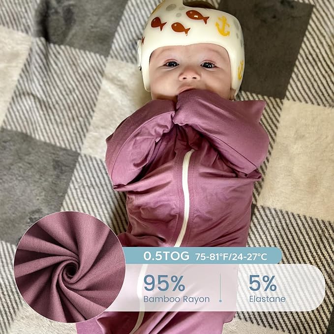 ZIGJOY Shark-Fin Transitional Swaddle for Newborn - 0.5 Tog Rayon Made from Bamboo Transition Swaddle Sleep Sack 6-12 Months Baby Arms Up Swaddle Blanket with 2-Way Zipper, Purple
